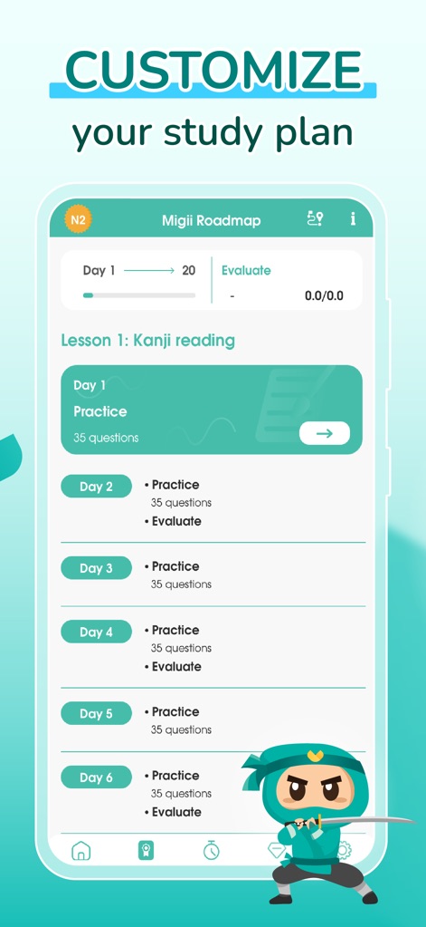 Migii JLPT: JLPT test N5-N1 - The app delivers a personalized "Migii Roadmap" with daily lessons and structured tasks, including specific "Practice" questions and "Evaluate" steps for consistent progress.