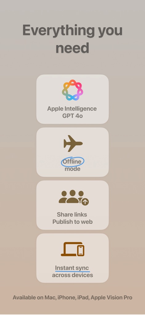 Craft: Notes, Documents, AI - L'application assure une disponibilité étendue sur l'écosystème Apple, y compris "Mac, iPhone, iPad, Apple Vision Pro", et garantit une productivité ininterrompue grâce à son "Offline mode" et sa synchronisation instantanée.