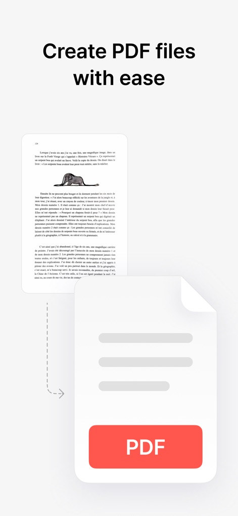 vFlat Scan - PDF Scanner, OCR - Los usuarios pueden crear archivos PDF con facilidad, como se ilustra por la conversión del documento escaneado hacia el distintivo 'icono de archivo PDF' en la interfaz.