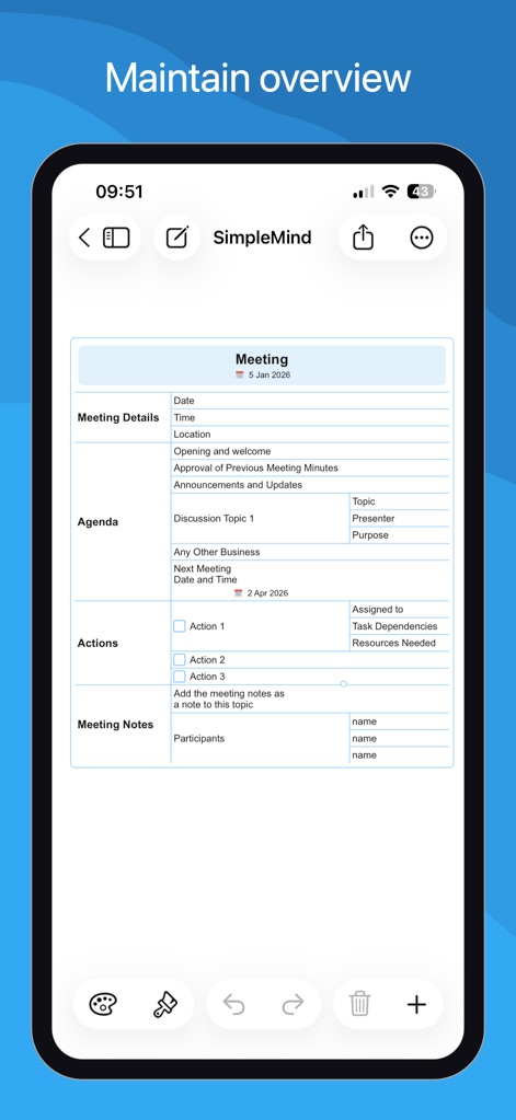 SimpleMind - Mind Mapping - The app helps users maintain an overview by structuring meeting details, including agenda items and actionable tasks, within a clear document format.
