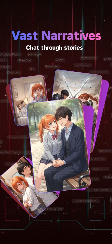 Cycle AI: Talk With AI Friends - Explore dynamic narrative scenarios that allow users to chat through compelling stories, featuring varied emotional character depictions for immersive role-playing.