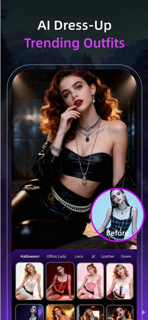 Pixnova: AI Photo&Video Maker - This feature allows users to virtually try on trending outfits, displayed with a helpful "Before" comparison and organized into diverse style categories like "Halloween."