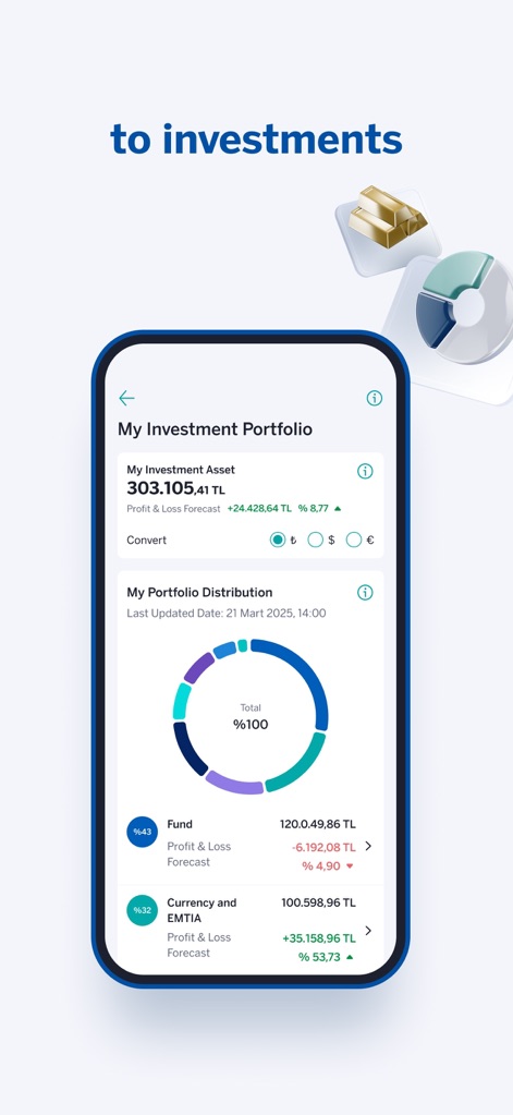 Garanti BBVA Mobile - Users can monitor their investment portfolio with a detailed asset breakdown and visual distribution charts, showcasing current profit & loss forecasts for 'Fund' and 'Currency and EMTIA' categories.