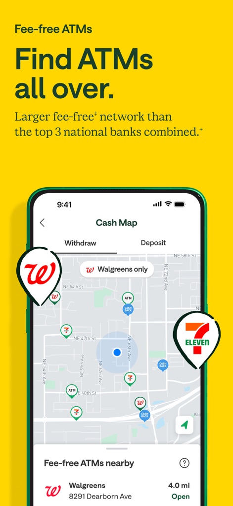 Chime® – Mobile Banking - The app offers convenient access to cash, providing an interactive map to locate fee-free ATMs and a list of nearby locations.