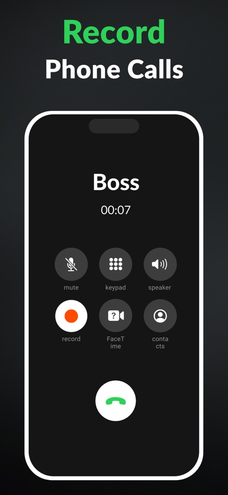 Call Recorder for iPhone. - Users can see the intuitive in-call interface, featuring a dedicated "record" button and the display of the active caller's name, such as "Boss," for easy identification.