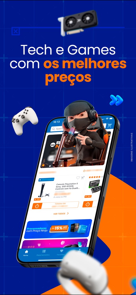 KaBuM! Comprar Online - Cet outil met en avant "les meilleurs prix" pour une large gamme de produits, des consoles de jeu comme la PlayStation 5 aux "offres Ninja" thématiques, facilitant la navigation par "Départements" et l'ajout aux "Favoris".