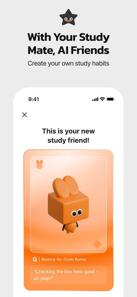 QANDA: AI Math & Study Helper - This tool introduces personalized "AI Friends," exemplified by the charming bunny character, which provides motivational quotes like "Checking the box feels good - oh yeah!" to foster better study habits.