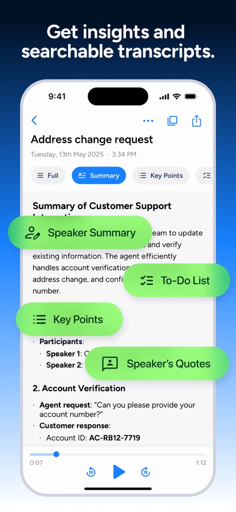 Soniox - Speech to Text - Users gain deep insights through AI-powered summarization options like 'To-Do List' and 'Speaker's Quotes', complemented by a precise audio timeline scrubber for navigation.