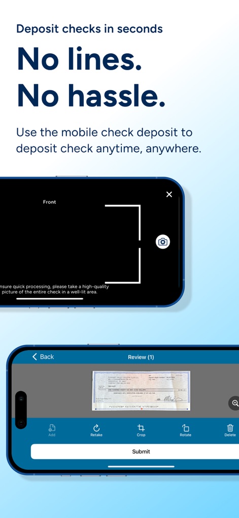 PenFed Mobile - Dieser Prozess ermöglicht Nutzern die schnelle digitale Einreichung von Schecks, beginnend mit dem Erfassen der "Front"-Seite des Schecks und abschließend mit der Überprüfung im "Review (1)"-Bildschirm.