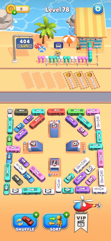 Bus Mania - Car Parking Jam - Os usuários encontram um cenário de praia vibrante no 'Level 78', com carros organizados em padrões desafiadores ao redor de obstáculos numerados.