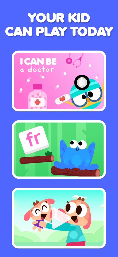 Lingokids - Play and Learn - This screenshot illustrates the app's diverse content, including a "doctor" role-play activity and an interactive phonics game with a frog character.