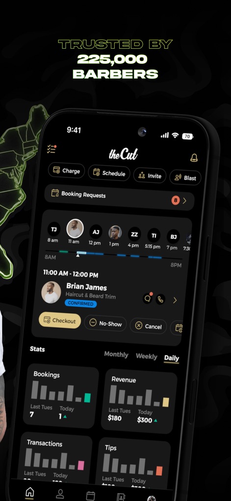 theCut: Barbershop Booking - Barbers leverage the app's robust backend for efficient 'Booking Requests' management and detailed 'performance statistics' to track their business growth.