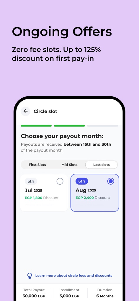 Money Fellows: Online Circles - Users benefit from ongoing offers like zero-fee slots and significant discounts on early pay-ins, clearly displayed across different payout month selections.