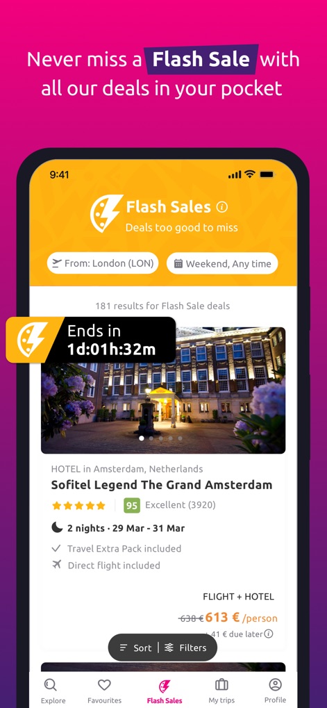 Bravofly - Les utilisateurs peuvent profiter de "Flash Sales" avec un compte à rebours précis, visualisant des offres combinées "Flight + Hotel" incluant des avantages comme le "Travel Extra Pack".