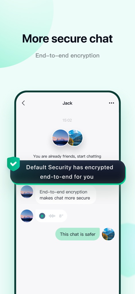 MO Messager - See how the app ensures privacy with end-to-end encryption and a clear default security notification for every chat.