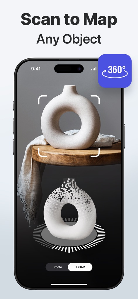 3D Snap: LiDAR Scanner & Ruler - Observe the app's capability to map physical objects into digital 3D models, illustrating the active scanning process and point cloud reconstruction.