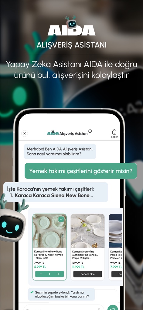 Karaca: Ev & Yaşam Alışverişi - 이 도구는 인공지능 쇼핑 어시스턴트 AIDA의 대화 인터페이스를 제공하여 사용자가 질문을 통해 원하는 제품을 찾도록 도우며, 추천되는 다양한 식기 세트 옵션을 즉시 제시합니다.