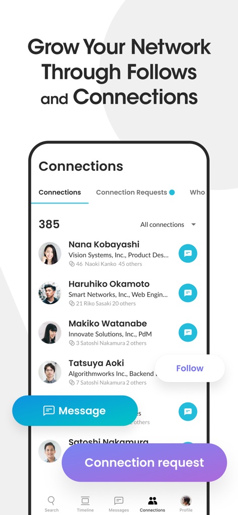 Wantedly - Esta herramienta permite a los usuarios expandir su red profesional mostrando una lista de conexiones con perfiles individuales y ofreciendo botones de acción claros para 'Mensaje' y 'Seguir'.