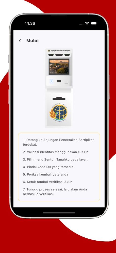 Sentuh Tanahku - The app offers a detailed guide for self-service certificate printing, featuring illustrative images of the kiosk and a clear, numbered list of step-by-step instructions.
