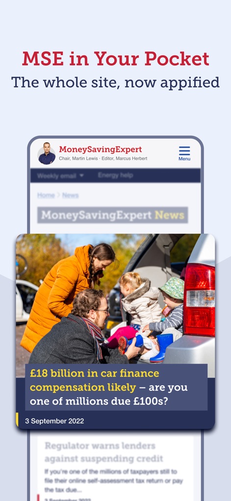 MoneySavingExpert - The app delivers the full breadth of MoneySavingExpert's content directly to users' pockets, showcasing a prominent news article about car finance compensation and an accessible menu for site navigation.