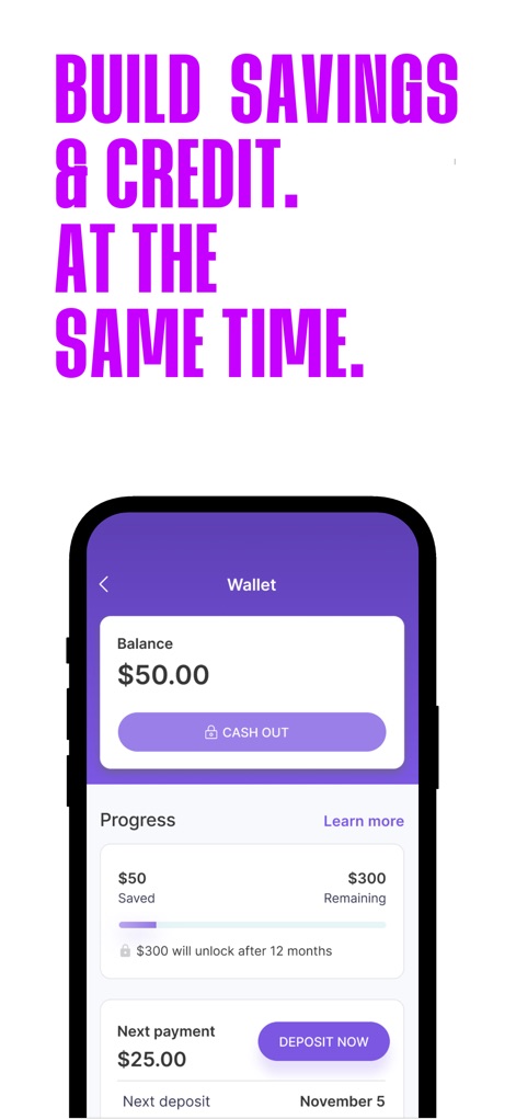 Ava: Build Credit Fast - This tool demonstrates how users can simultaneously enhance their finances, featuring a "Wallet" balance for savings and a "Progress" tracker clearly indicating the amount "Saved" towards a larger goal.