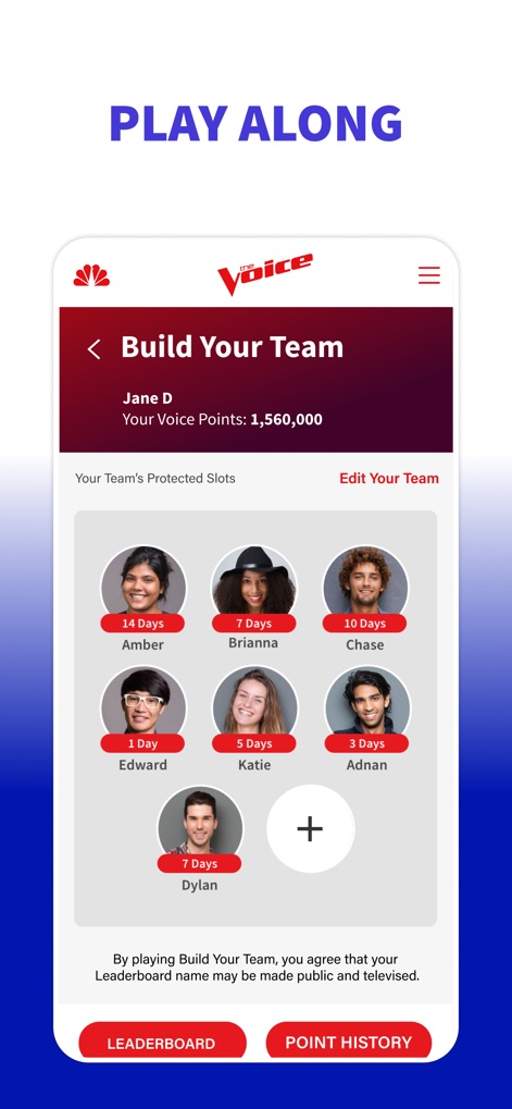 The Voice Official App on NBC - Users can actively engage by building their fantasy team, visible through the "Build Your Team" interface, and manage their selected artists displayed in individual profile cards.