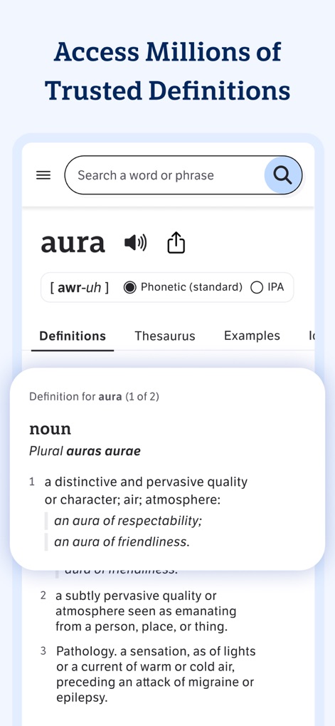 Dictionary.com: English Words - O aplicativo oferece definições detalhadas para cada termo, como "aura", apresentando sua transcrição fonética e abas para alternar entre "Definitions" e "Thesaurus".