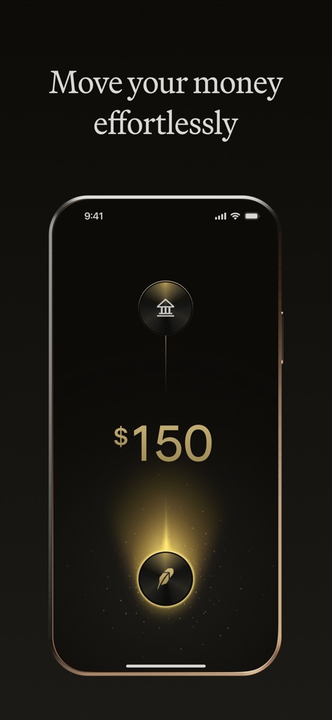 Robinhood Banking - This tool streamlines financial transactions, visually representing a $150 transfer between a bank account and Robinhood with a simple, engaging interface.