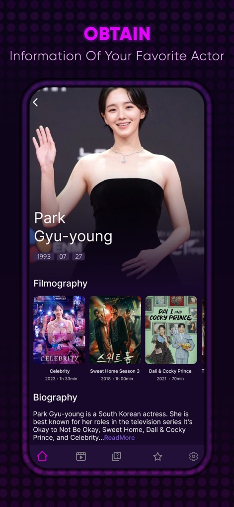 Drama Slay : Kdrama Movie Go - 사용자는 이 화면에서 '박규영' 배우의 상세 정보를 얻을 수 있으며, 그녀의 출연작들이 담긴 '필모그래피'와 상세한 '바이오그래피'를 통해 배우의 경력을 깊이 있게 탐색할 수 있습니다.