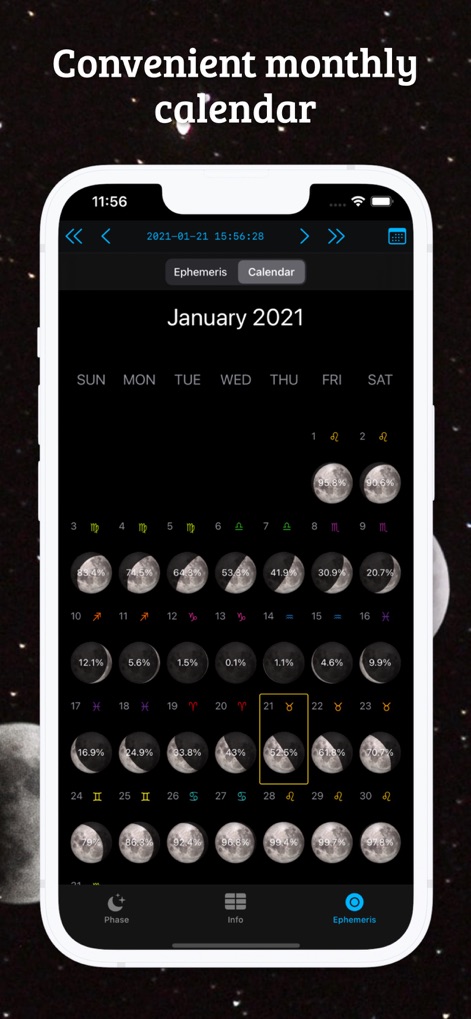 Moon Phase Calendar LunarSight - Dieses Tool bietet eine übersichtliche Monatsansicht, die für jeden Tag des Monats die jeweilige Mondphase und den prozentualen Beleuchtungsgrad anzeigt.