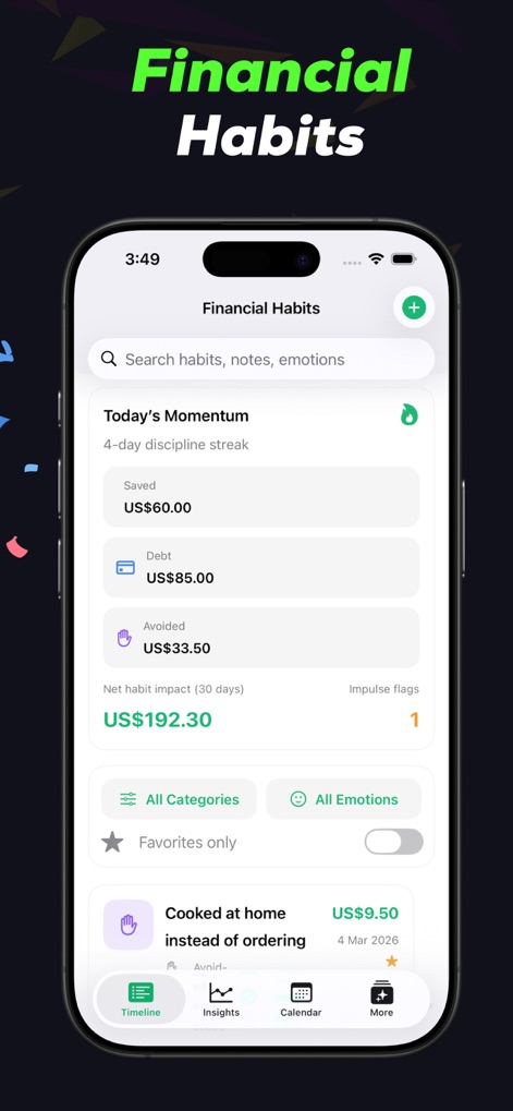 EarnFIow Ultra - The app's core dashboard reveals "Today's Momentum" by tracking disciplined actions and clearly displays the "Net habit impact" over a 30-day period.