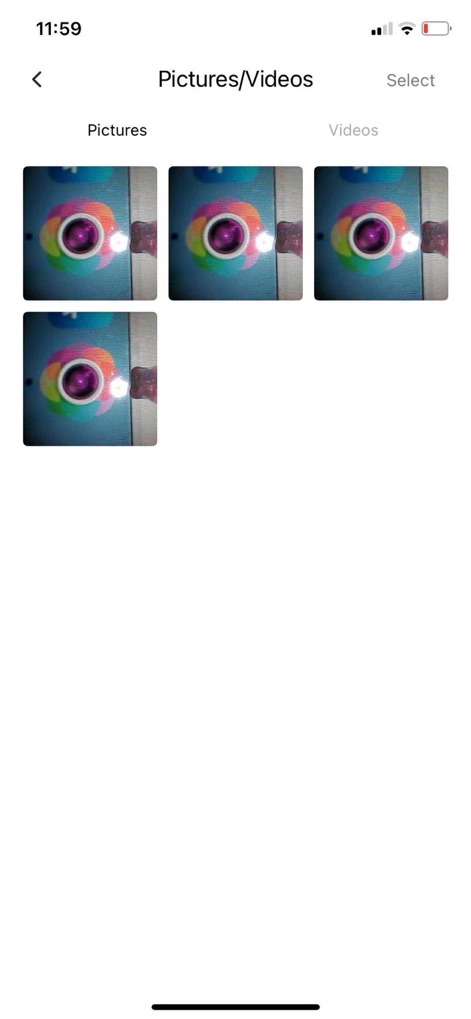 visual earpick - La aplicación permite a los usuarios almacenar y revisar las miniaturas claras de imágenes y videos capturados. La organización en secciones de fotos y videos facilita la gestión y consulta del historial de observaciones.