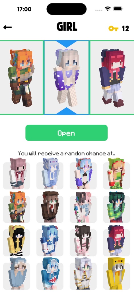 SkinCraft- Skins for Minecraft - Explorez une sélection organisée de skins pour filles, où les utilisateurs peuvent débloquer de nouveaux designs via un mécanisme de clés et découvrir des styles variés.