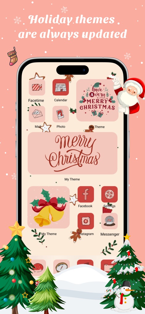 MyTheme - App Icons & Widgets - Observe how the app consistently updates with seasonal holiday themes, displaying festive Christmas icons and dynamic elements like snowflakes and Santa Claus imagery.