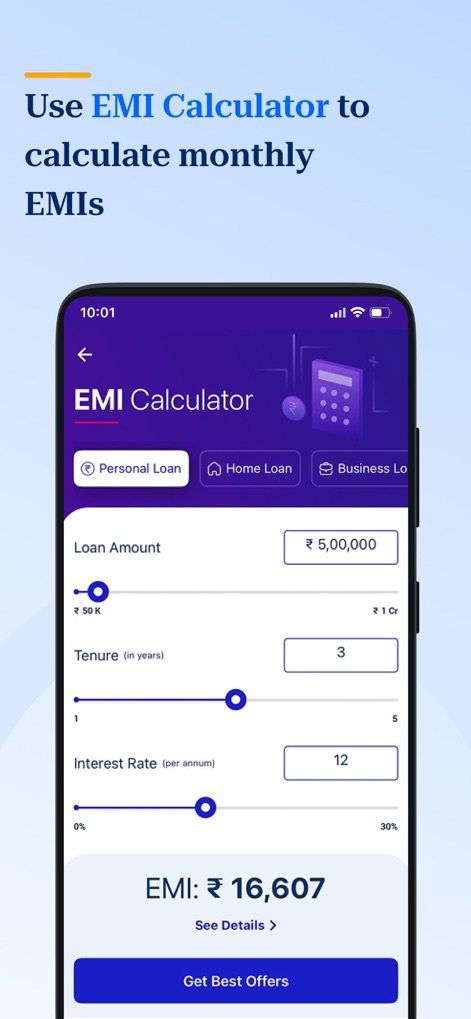 Paisabazaar.com- Loans & Cards - The intuitive 'EMI Calculator' allows users to adjust 'loan parameters with interactive sliders' and instantly view their estimated monthly installment for better financial planning.