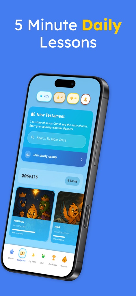 Ascend: Bible Game - L'application propose des leçons quotidiennes de 5 minutes organisées par livres bibliques, permettant aux utilisateurs d'intégrer facilement l'étude de la Bible dans leur routine.