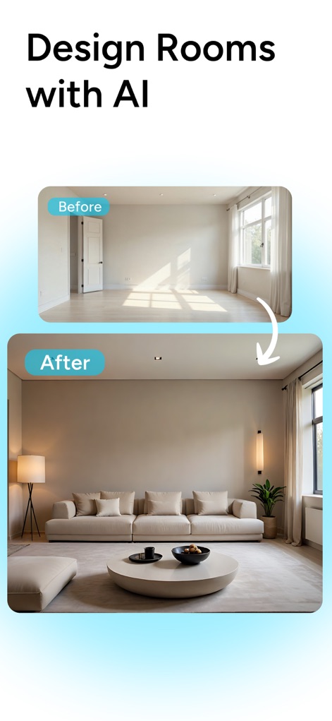 Arch - AI Home Design - Esta ferramenta demonstra a capacidade de transformar um ambiente vazio, adicionando um sofá seccional e uma luminária de piso, para uma visualização imediata.