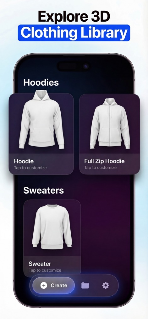 ThreadCam: 3D Clothing Mockups - Explore the app's extensive garment library featuring various styles like hoodies and sweaters, while intuitive project organization helps keep all designs neatly stored.