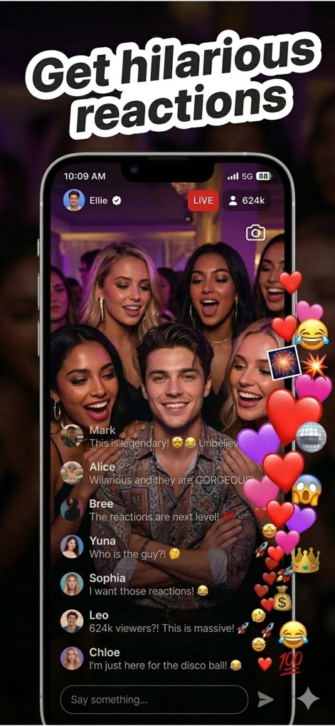 Parallel Live: Fake Live - See the vibrant interaction unfold with a flurry of animated emoji reactions and a lively comment section showing the AI audience's engagement.