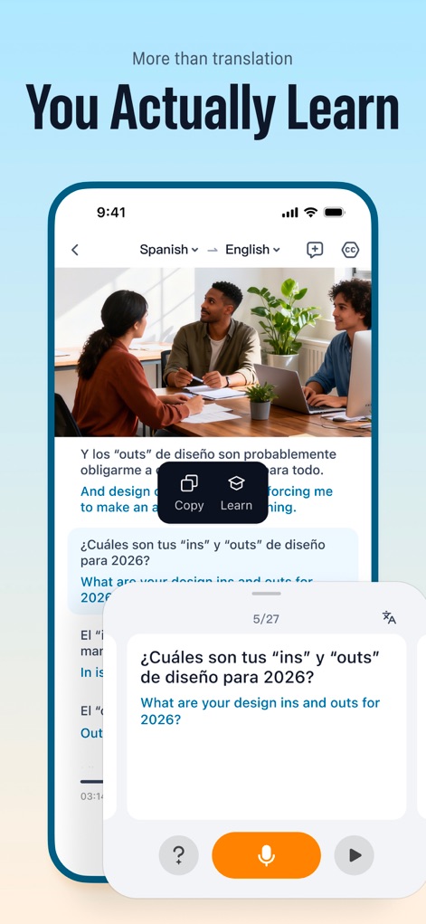 TransGull - AI Live Translator - Além da tradução, o aplicativo suporta o aprendizado de idiomas, com uma interface de vídeo exibindo texto original e traduzido. Os botões "Copy" e "Learn" permitem aos usuários interagir e aprofundar seu conhecimento.