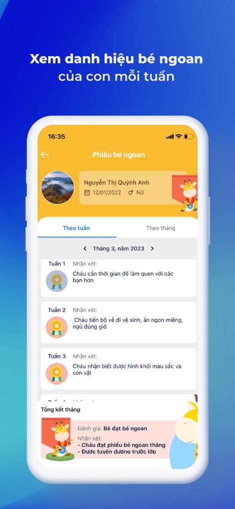 vnEdu Connect - Users can monitor their child's weekly behavior reports, including specific teacher comments and a comprehensive 'Tổng kết tháng' (Monthly Summary).