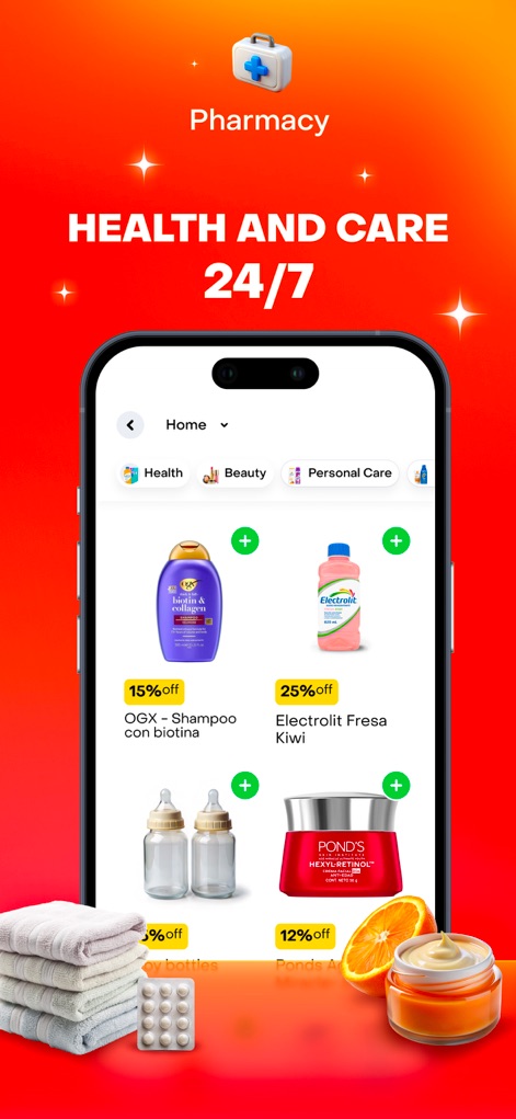 Rappi - Deliveries in Minutes - Examine the pharmacy section, highlighting a range of products like "shampoo" and "electrolyte drinks", often with visible discount percentages.