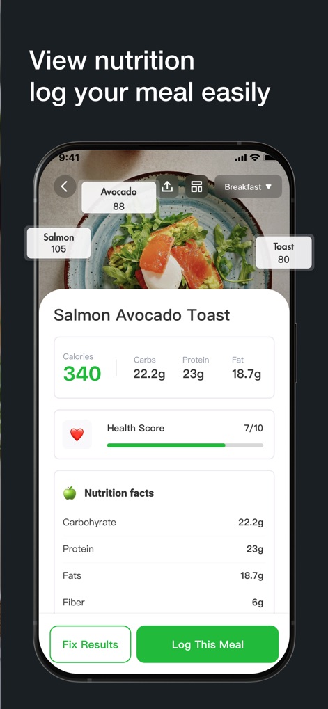 Cal Pal -AI Calorie Tracker - Following a scan, this view provides comprehensive 'Nutrition Facts' for each meal and a detailed 'Ingredient Breakdown' with individual calorie callouts.