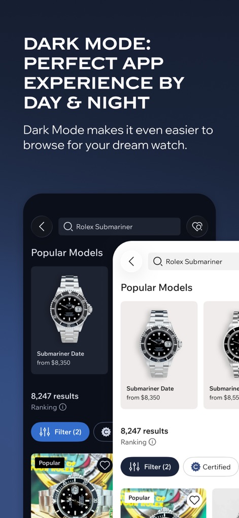 Chrono24 | Luxury Watch Market - L'app offre un'esperienza utente migliorata con la "Modalità Scura", che si adatta perfettamente alle preferenze visive e, come mostrato nel confronto, presenta la lista di "Popular Models" del "Rolex Submariner" in un'interfaccia elegante e meno affaticante per gli occhi.