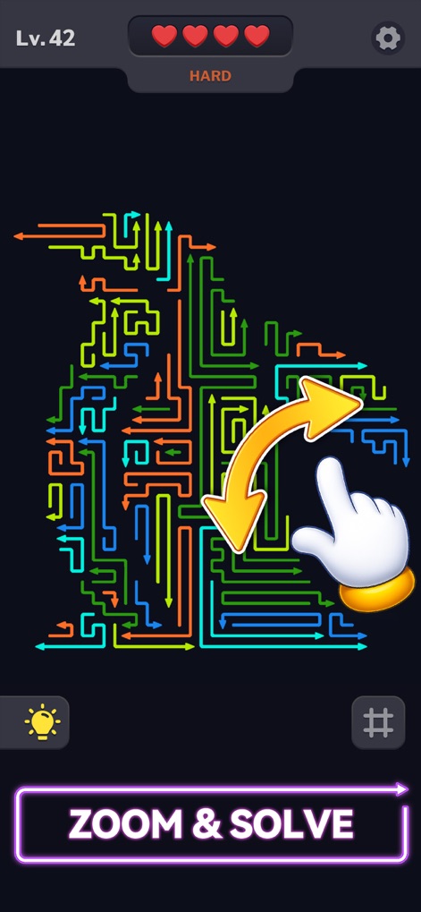 Arrow Madness: Tap Arrows Away - Esta visualización ilustra la utilidad de la función de zoom para examinar de cerca los patrones de flechas densos y complejos, esencial para la planificación de movimientos precisos.