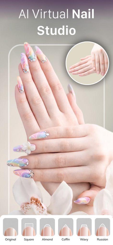 HairApp: AI Hairstyle Try On - Les utilisateurs peuvent explorer des designs d'ongles personnalisés, comme l'art abstrait et les formes variées, pour une manucure numérique.