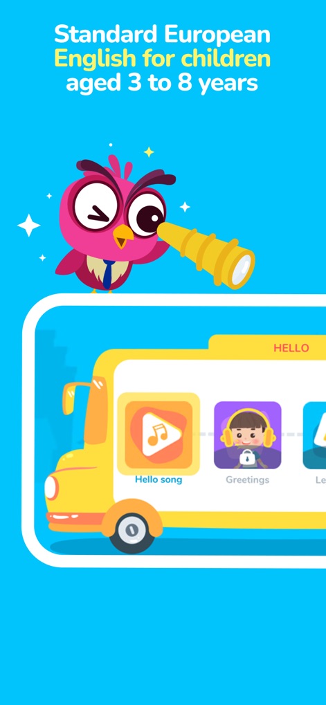 Babilala: Tiếng Anh Online - Discover how the app organizes lessons within a colorful bus-themed interface, featuring interactive elements like the 'Hello song' to kickstart learning.
