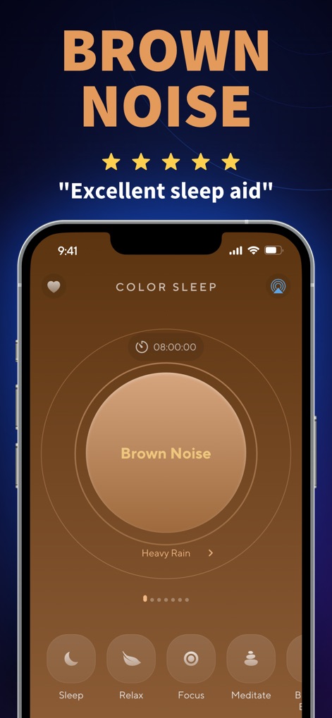 ColorSleep: Green, Brown Noise - La interfaz destaca la opción de Ruido Marrón, con un temporizador activo de "08:00:00" y la opción de sonido ambiental "Heavy Rain" para una experiencia de sueño profundo.