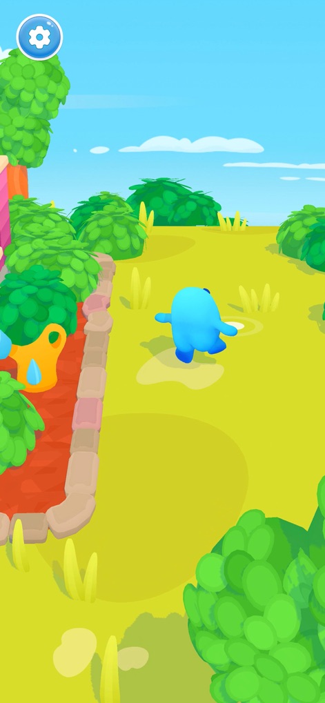Slimy World: Talk & Play - Explore vibrant outdoor areas where the AI companion can interact with objects like a watering can and navigate through a beautifully rendered garden.