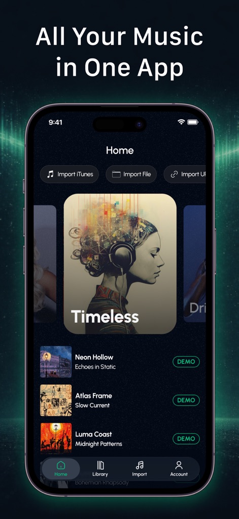 Stem Music and Voice Remover - Navigate the app's organized music library, providing quick access to imported songs and easy options to import new tracks via iTunes or files.